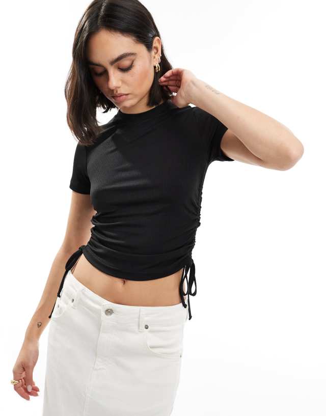 Threadbare - pauly side tie ribbed top in black