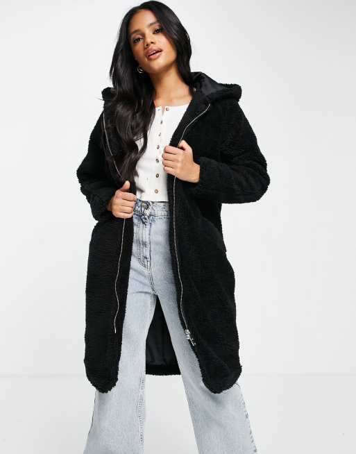 Threadbare Penguin oversized hooded borg coat in black | ASOS