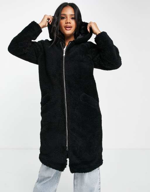Threadbare Penguin oversized hooded borg coat in black | ASOS