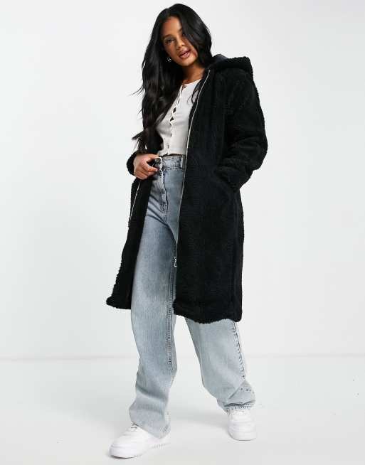 Threadbare Penguin oversized hooded borg coat in black | ASOS