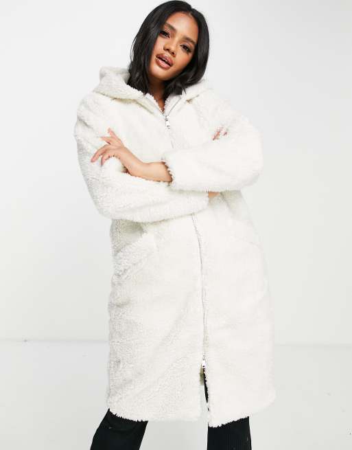 Threadbare Penguin oversized hooded borg coat in cream, 3 of 4