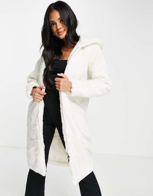 Threadbare Penguin oversized hooded borg coat in cream, 4 of 4