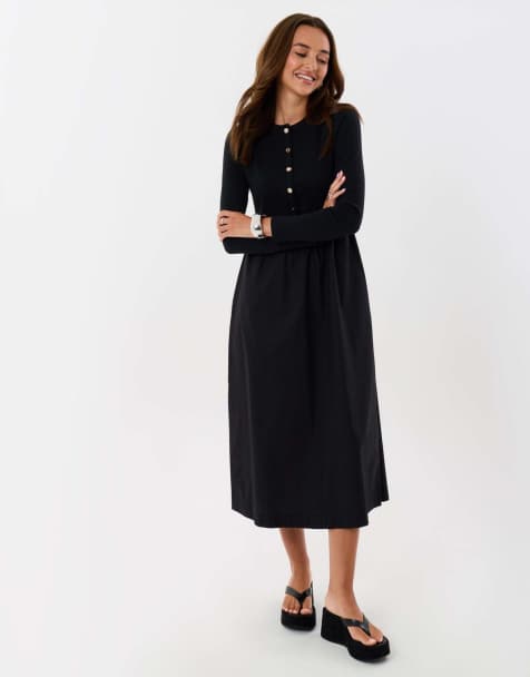 Threadbare Petite 2 in 1 button up midaxi dress in black