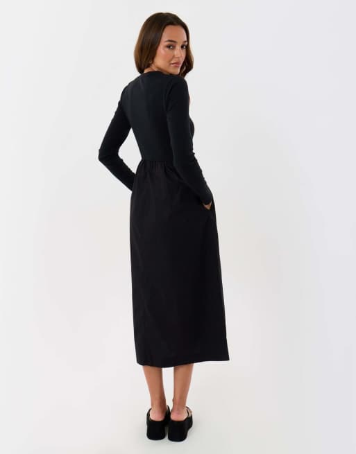Threadbare Petite 2 in 1 button up midaxi dress in black, 2 of 4