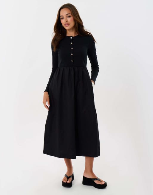 Threadbare Petite 2 in 1 button up midaxi dress in black, 4 of 4