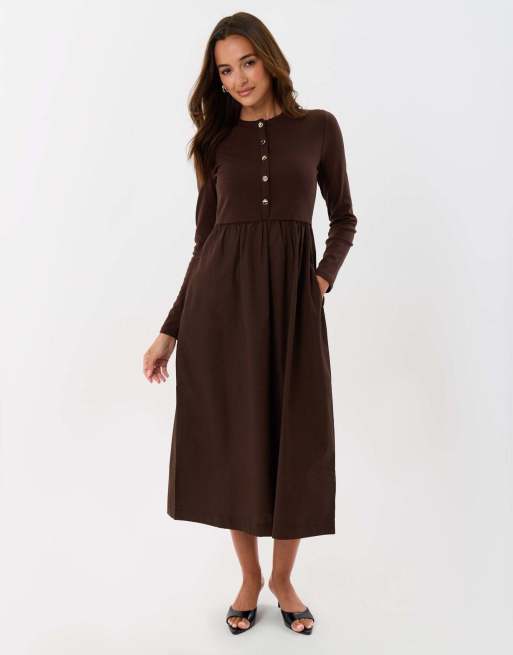 Threadbare Petite 2 in 1 button up midaxi dress in chocolate brown, 2 of 4