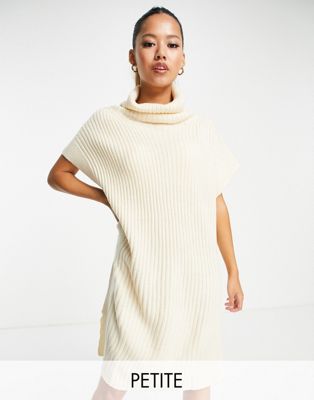 Threadbare Petite Aaliyah roll neck knitted mini dress in stone