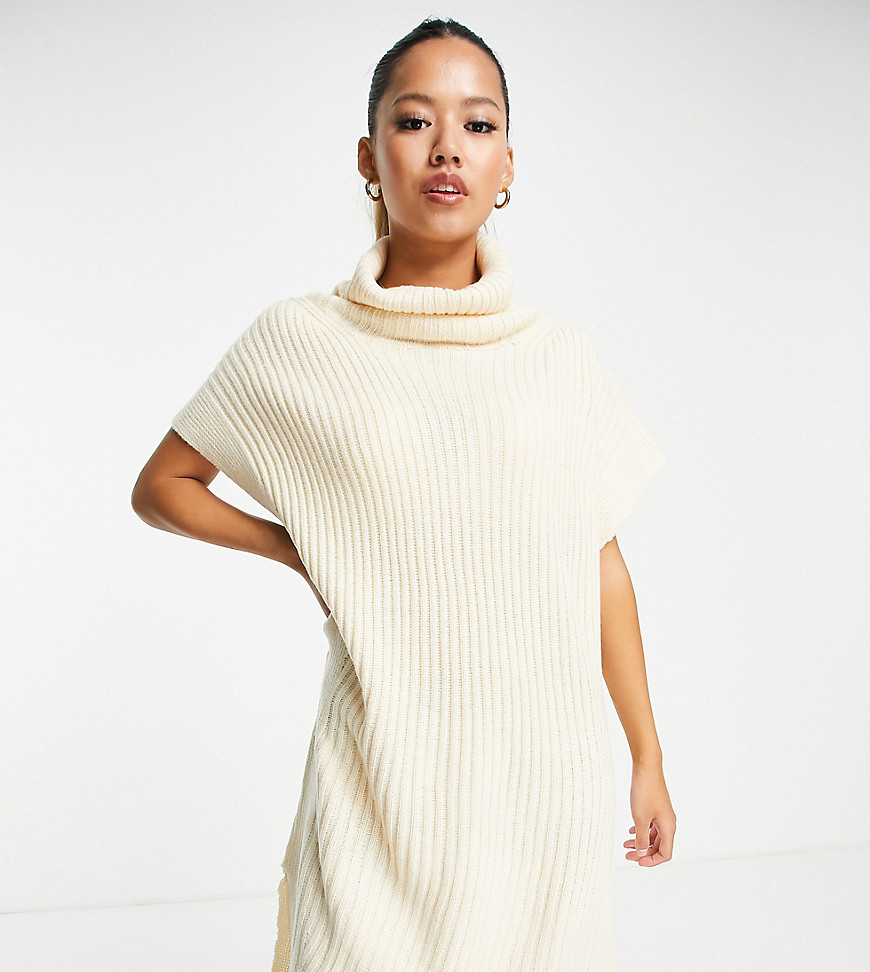 Threadbare Petite Aaliyah roll neck knitted mini dress in stone-Neutral