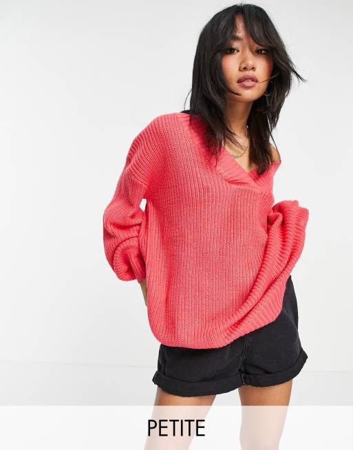 Threadbare Petite – Adeline – Różowa dzianinowa sukienka oversize z dekoltem w kształcie litery V