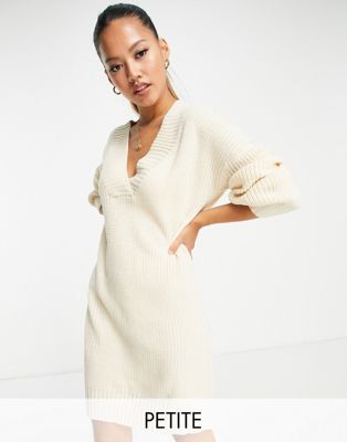 Threadbare Petite Adeline v neck knitted mini dress in stone - ASOS Price Checker
