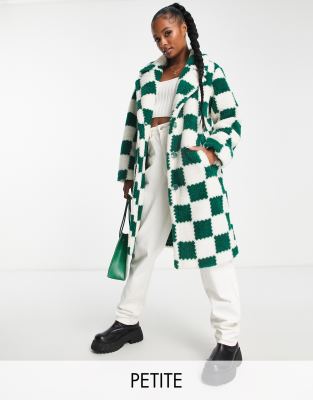 Threadbare Petite Bear oversized borg coat in green grid print - ASOS Price Checker