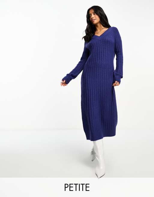 Threadbare Petite Bella Robe pull cotelee mi longue a col en V Bleu marine