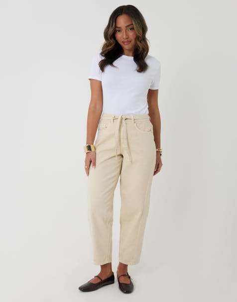 Threadbare Petite belted barrel leg jeans in ecru - view 1