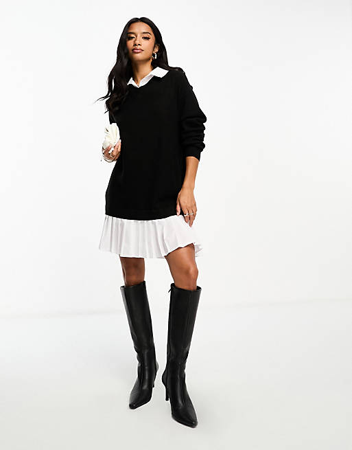 Threadbare Petite - Bing - Vestito maglia con camicia 2 in 1 nero e bianco