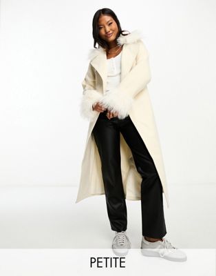 Threadbare Petite Blair formal maxi coat with tie waist and faux fur trims in beige - ASOS Price Checker