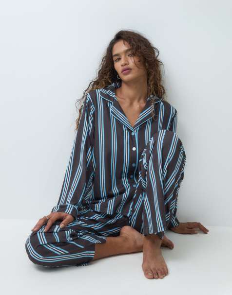 Threadbare Petite button down super soft pyjama set in chocolate and blue stripe - view 1