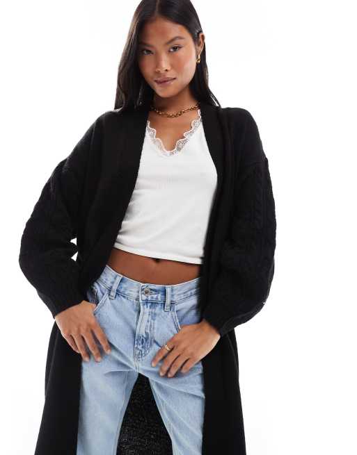 Threadbare Petite cable knit longline cardigan in black ASOS