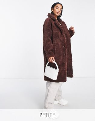 Threadbare Petite oversized longline borg coat in chocolate brown - ASOS Price Checker