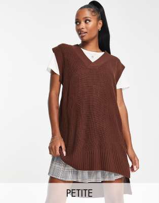 Threadbare Petite Chestnut v neck knitted vest in chocolate-Brown