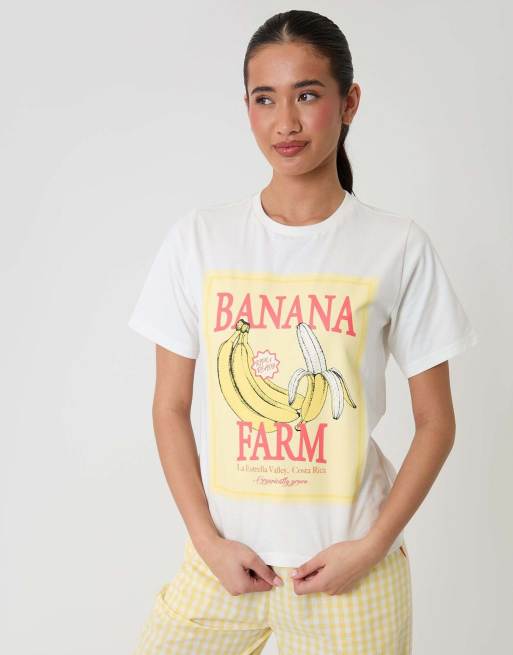 Threadbare Petite cotton banana farm print pyjama set in yellow, 4 of 5