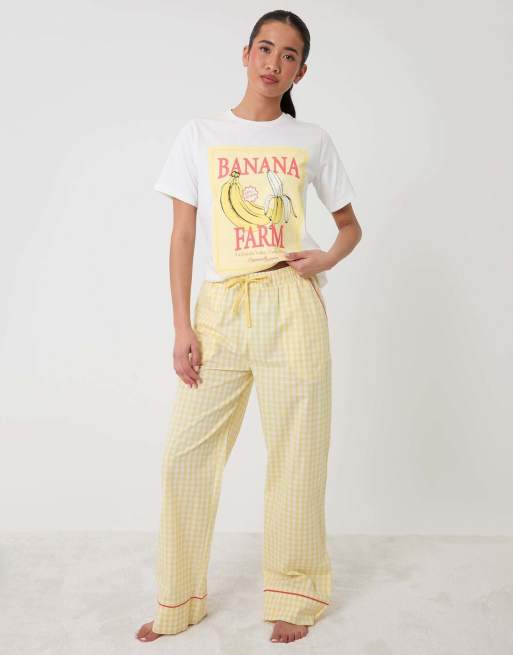 Threadbare Petite cotton banana farm print pyjama set in yellow, 5 of 5