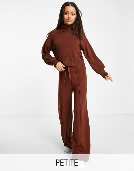Threadbare Petite Demetra roll neck jumper and knitted wide leg pants set in chocolate