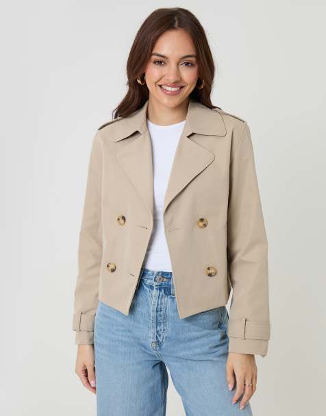 Threadbare Petite double breasted cropped trench coat in stone - view 1