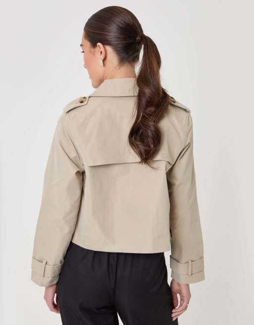 Threadbare Petite double breasted cropped trench coat in stone, 2 of 5