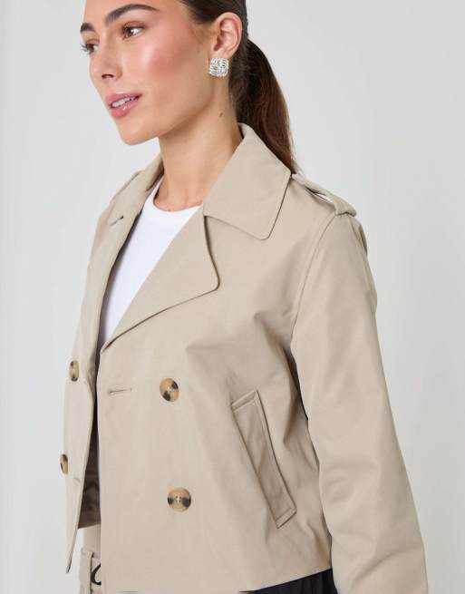 Threadbare Petite double breasted cropped trench coat in stone, 3 of 5