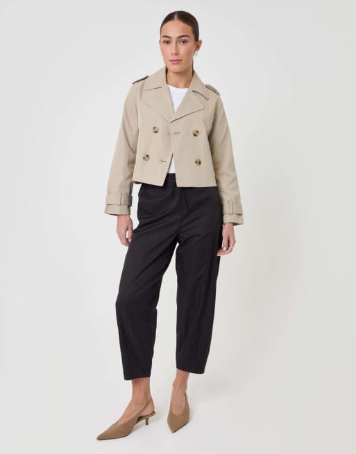 Threadbare Petite double breasted cropped trench coat in stone, 4 of 5