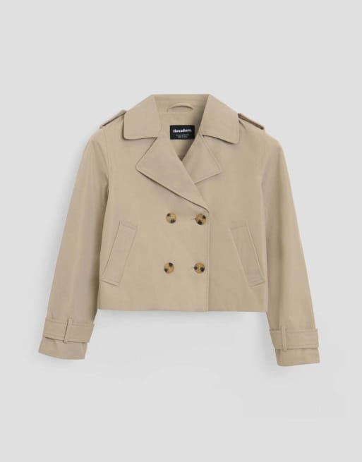 Threadbare Petite double breasted cropped trench coat in stone, 5 of 5