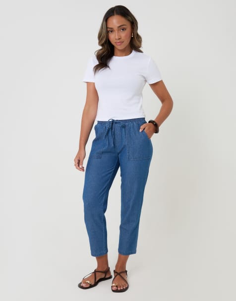 Threadbare Petite drawstring waist barrel leg jeans in mid blue - view 1