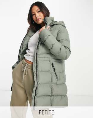 Threadbare Petite Eeyore mid length hooded lightweight puffer jacket in sage green