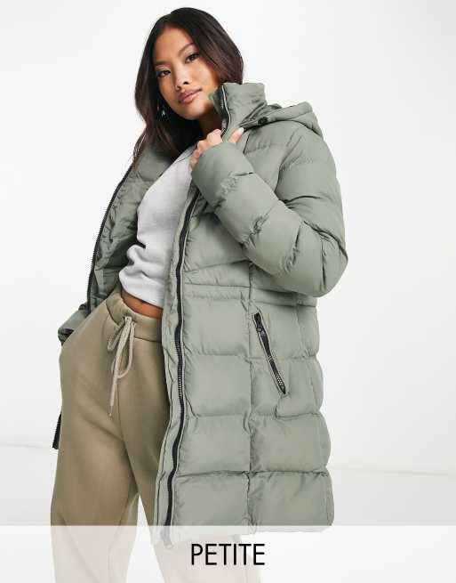 Threadbare Petite Eeyore mid length hooded lightweight puffer jacket in sage green ASOS