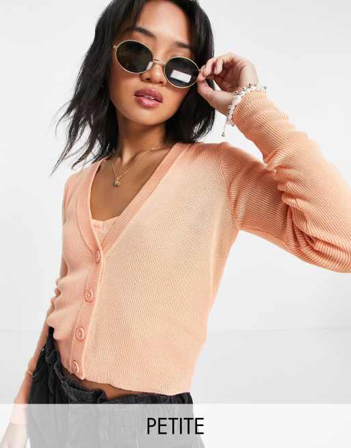Threadbare Petite Eleanor knitted singlet top and cardigan set in peach