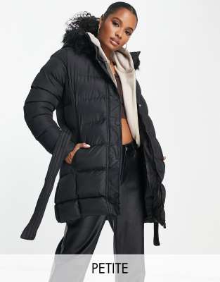 Threadbare Petite Emerald Belted Puffer Jacket With Faux Fur Trim Hood In Black