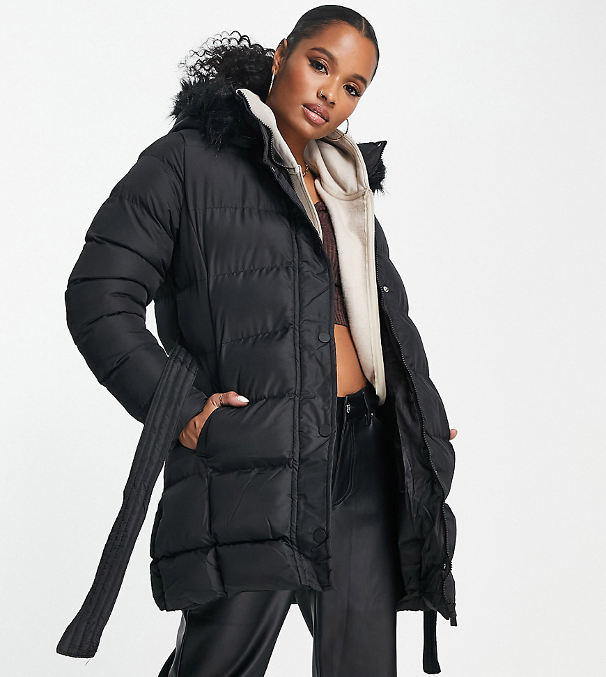 Threadbare Petite Emerald Belted Puffer Jacket With Faux Fur Trim Hood ...