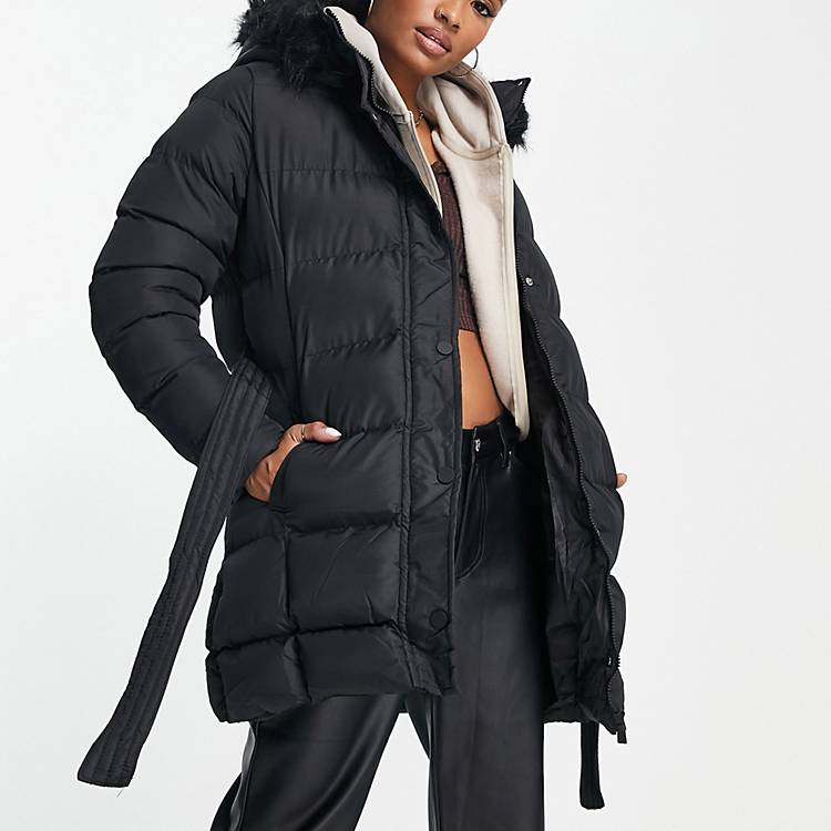Threadbare Petite Emerald belted puffer jacket with faux fur trim hood in  black