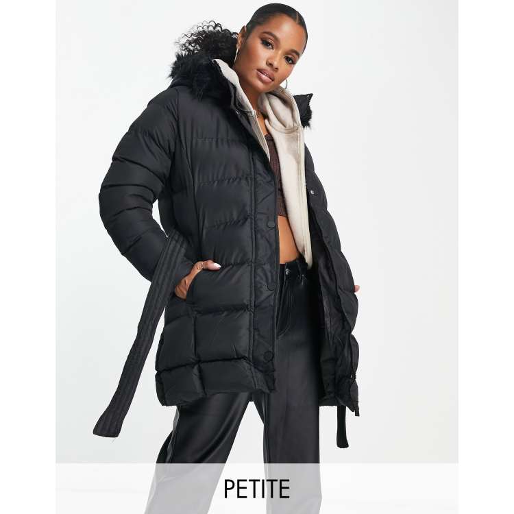 Threadbare Petite Emerald belted puffer jacket with faux fur trim hood in  black