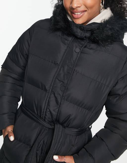 Black faux fur hood belted puffer coat hot sale