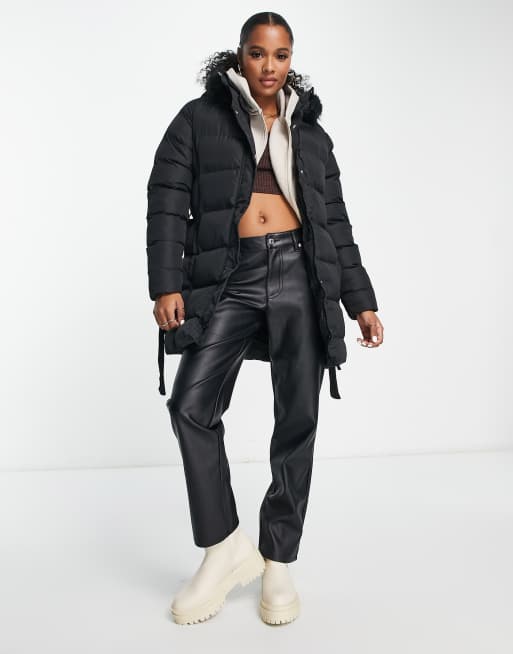 Belted Faux Fur Trim Puffer Jacket - Black