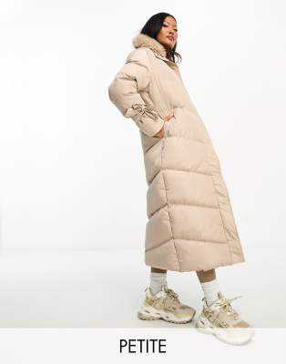 Threadbare Petite Fairy longline maxi puffer coat with faux fur hood in stone - ASOS Price Checker