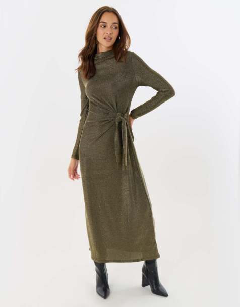 Threadbare Petite funnel neck metallic midaxi dress in bronze