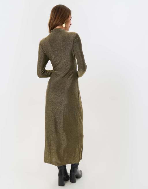 Threadbare Petite funnel neck metallic midaxi dress in bronze, 2 of 5