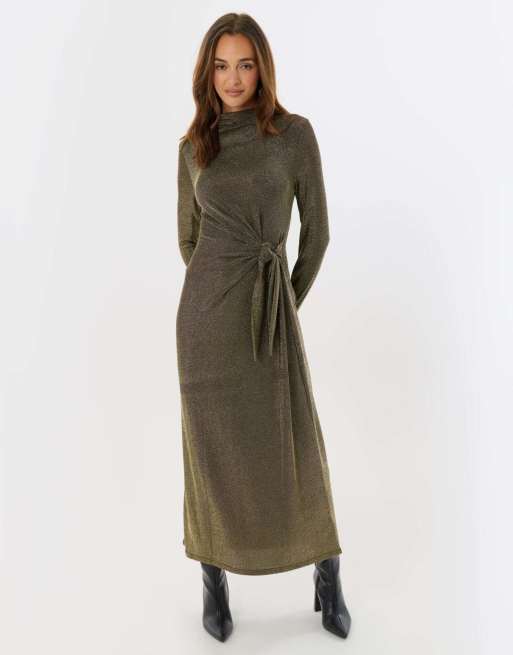 Threadbare Petite funnel neck metallic midaxi dress in bronze, 3 of 5