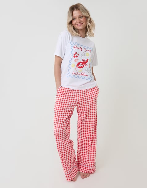 Threadbare Petite gingham amalfi coast graphic print pyjama set in red - view 1