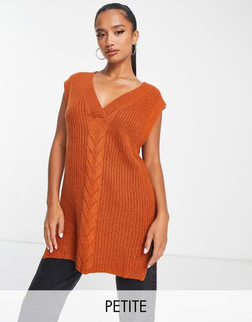 Threadbare Petite – Goldenroad – Brązowa dzianinowa kamizelka o warkoczowym splocie