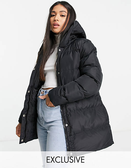 Threadbare Petite Hayley mid-length puffer jacket in black | ASOS