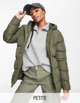 Threadbare Petite Hayley mid length puffer jacket in khaki-Green