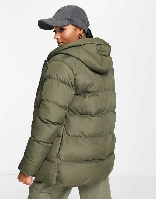 Threadbare Petite Hayley mid length puffer jacket in khaki